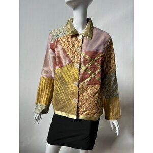 Seventh Avenue Womens Jacket Coat Multicolor Gold Patchwork Buttons Beaded M New